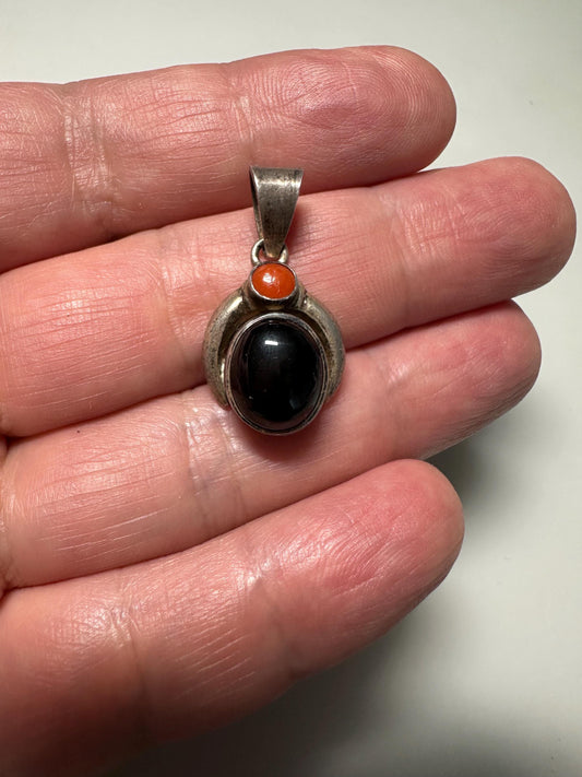Black Onyx & Coral 925 Sterling Silver Pendant - Boho Artisan Jewelry