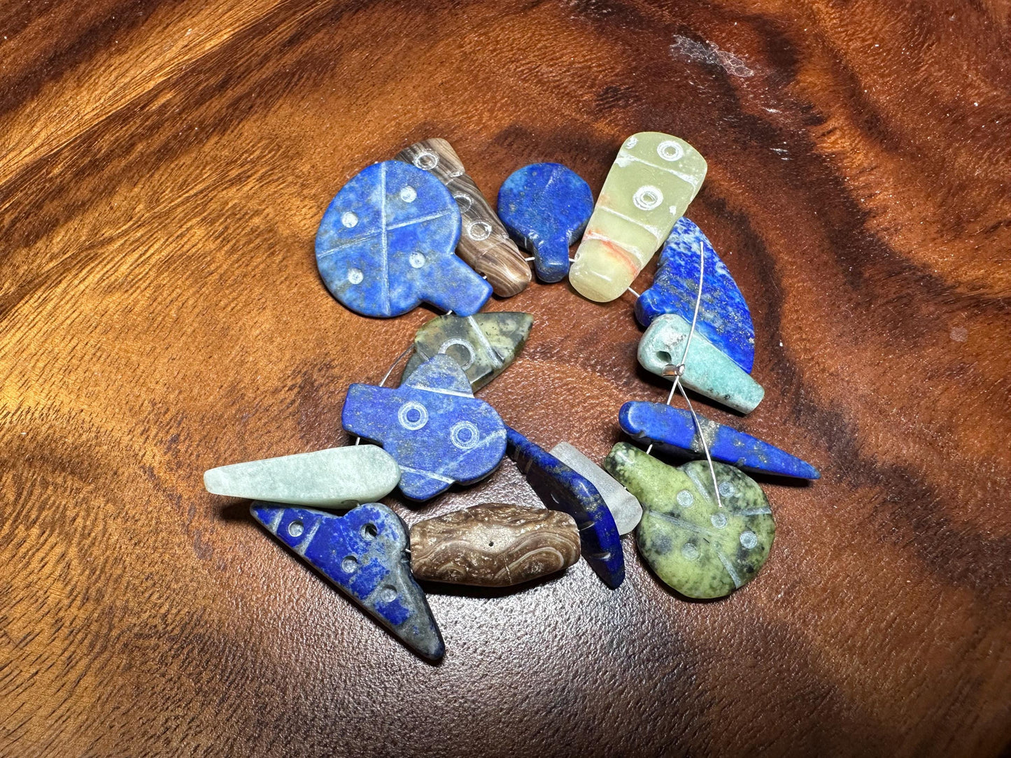 Carved Gemstone Amulets: Jade, Agate, Lapis Lazuli Tribal Beads (Lot of 15)