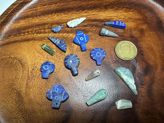 Rustic Gemstone Amulet Collection  15 Hand Carved Jade, Agate, Lapis Beads for Jewelry Crafts