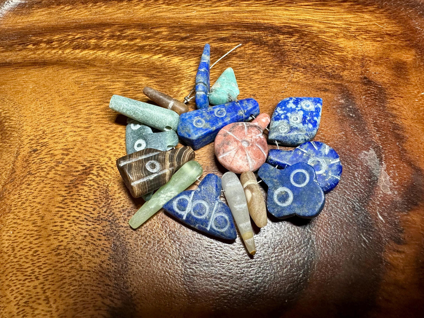 Hand Carved Gemstone Amulet Lot: Lapis, Jade, Agate Boho Jewelry Supplies