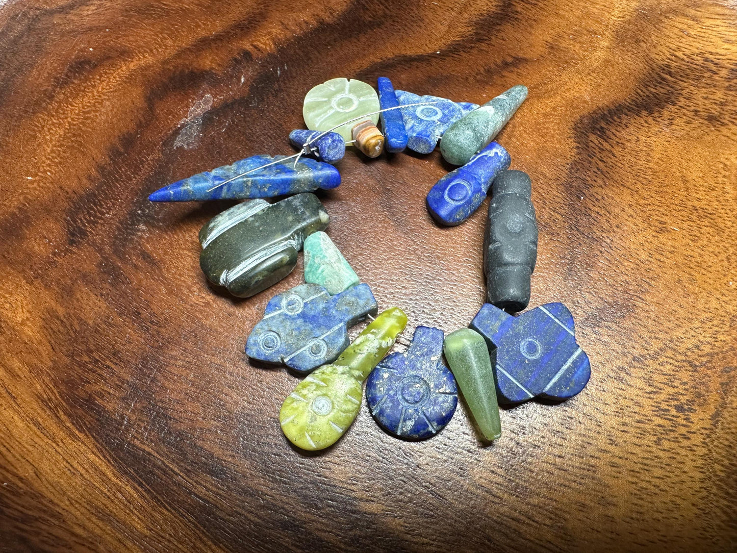 Ethnic Stone Amulets  15 Carved Gemstone Beads in Jade, Lapis & Agate  Jewelry Making Lot
