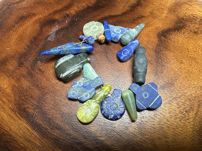 Ethnic Stone Amulets  15 Carved Gemstone Beads in Jade, Lapis & Agate  Jewelry Making Lot