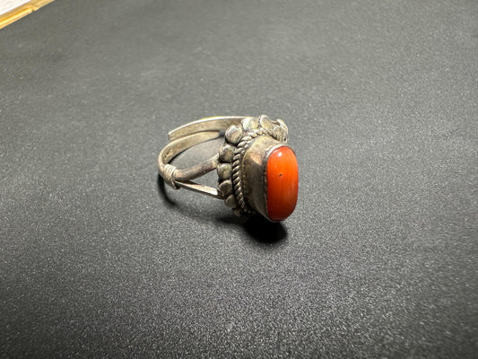 Vintage Nepal Tibetan Sterling Silver Ring with Natural Red Coral