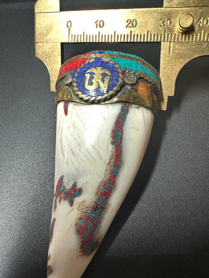 Tibetan Om Amulet Pendant: Brass, Turquoise & Coral Inlay - Handmade Nepal