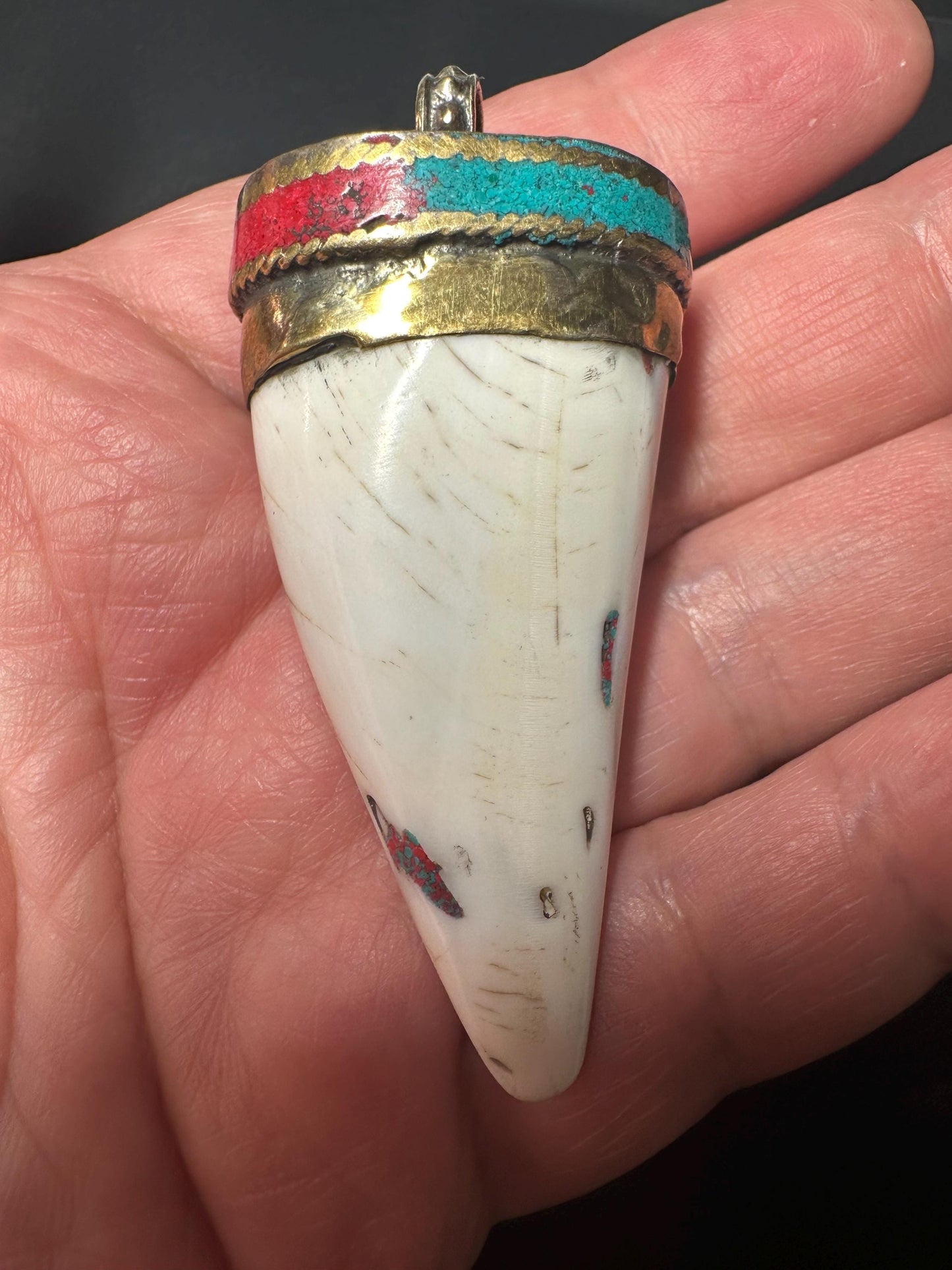 Tibetan Om Amulet Pendant: Brass, Turquoise & Coral Inlay - Handmade Nepal