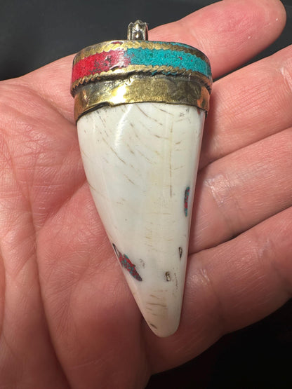 Tibetan Om Amulet Pendant: Brass, Turquoise & Coral Inlay - Handmade Nepal