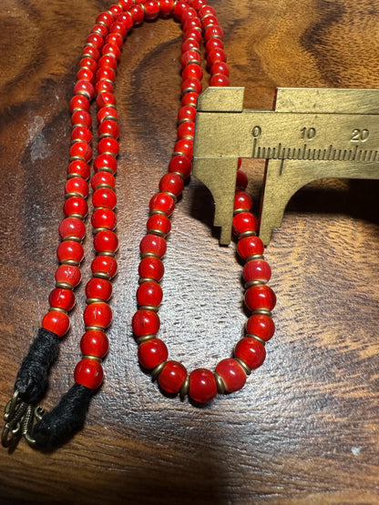 Antique Venetian White Heart Trade Beads: Red Glass, Brass Spacers, Nepalese Tribal Jewelry