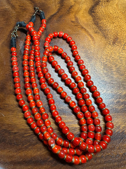 Antique Venetian White Heart Trade Beads: Red Glass, Brass Spacers, Nepalese Tribal Jewelry
