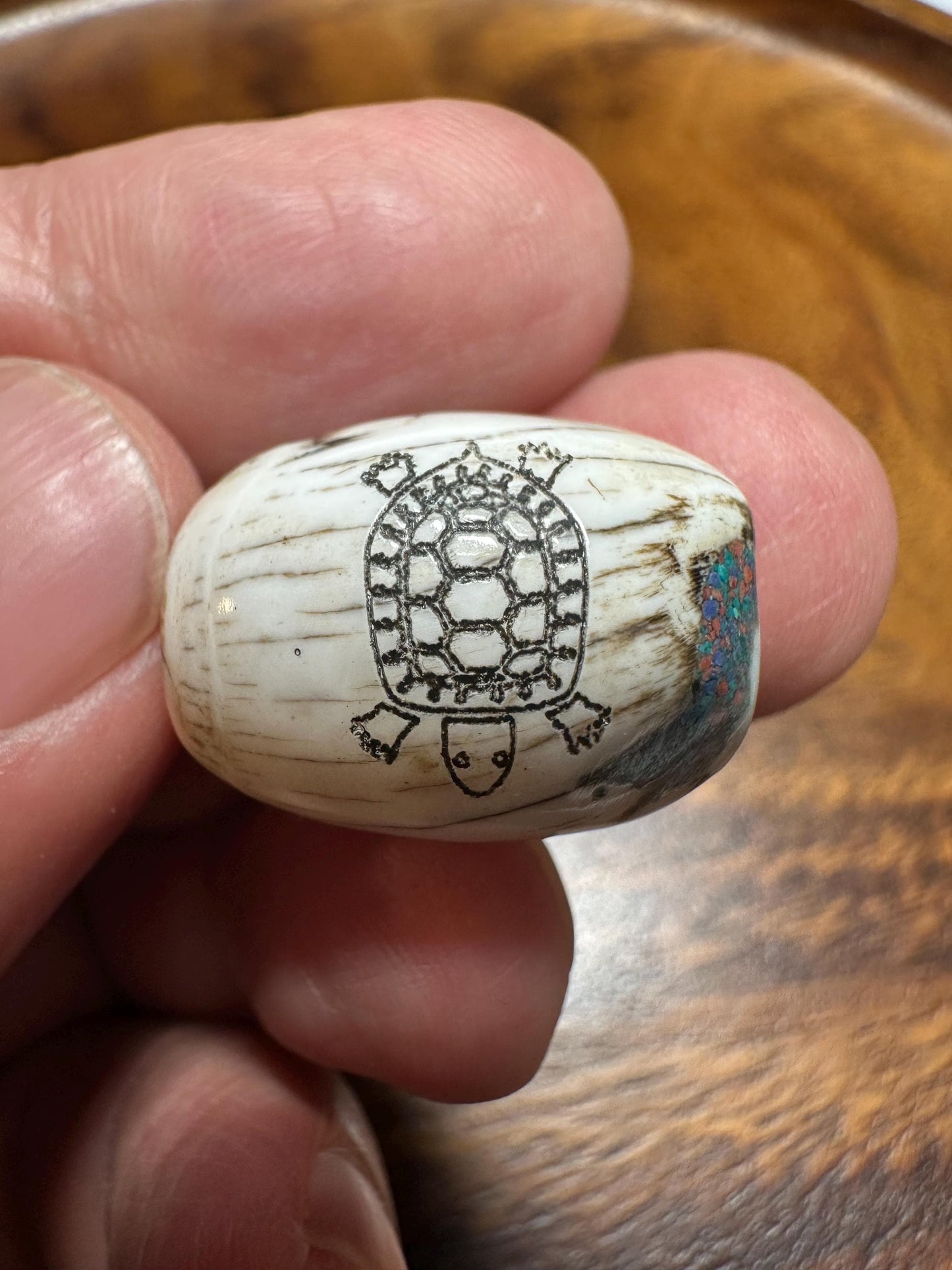 Inlaid Naga Conch Shell Bead: Hand-Engraved Turtle, Turquoise & Coral