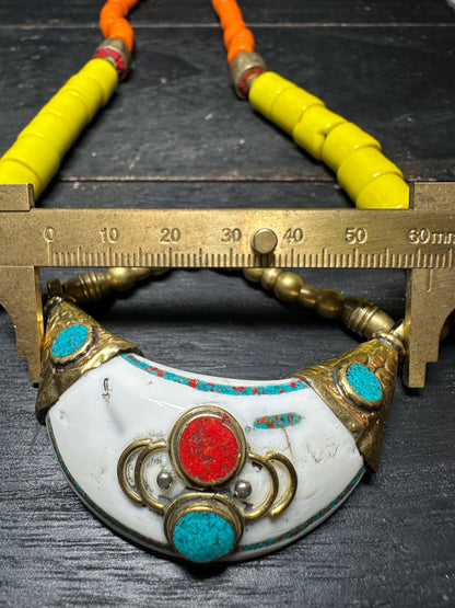 Tibetan Brass Sea Shell Necklace: Turquoise Inlay Boho Amulet