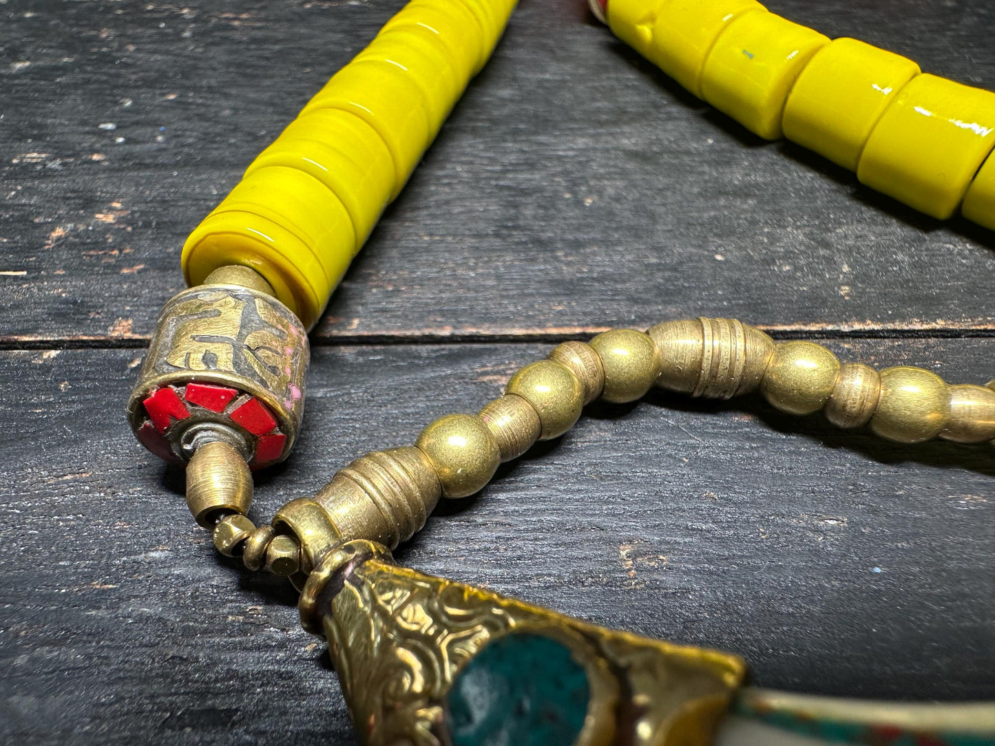 Tibetan Brass Sea Shell Necklace: Turquoise Inlay Boho Amulet