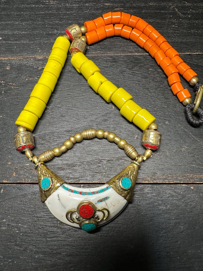 Tibetan Brass Sea Shell Necklace: Turquoise Inlay Boho Amulet
