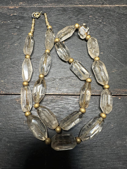 Antique Southeast Asian Crystal Beads Necklace | Likely Burmese Old Rock Crystal & Brass Tribal Jewelry | Rare Hand Cut Beads Collectible