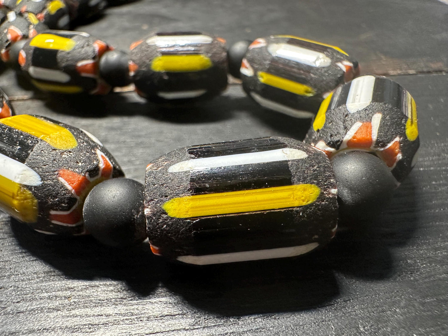 Handmade Nepal Chevron Beads Necklace: Black, Yellow, White African Trade Style