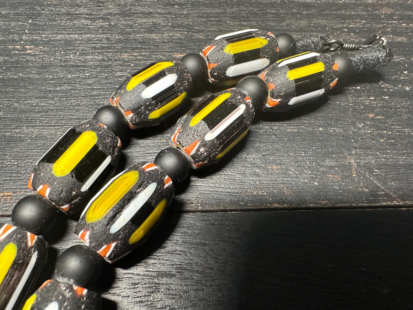 Handmade Nepal Chevron Beads Necklace: Black, Yellow, White African Trade Style