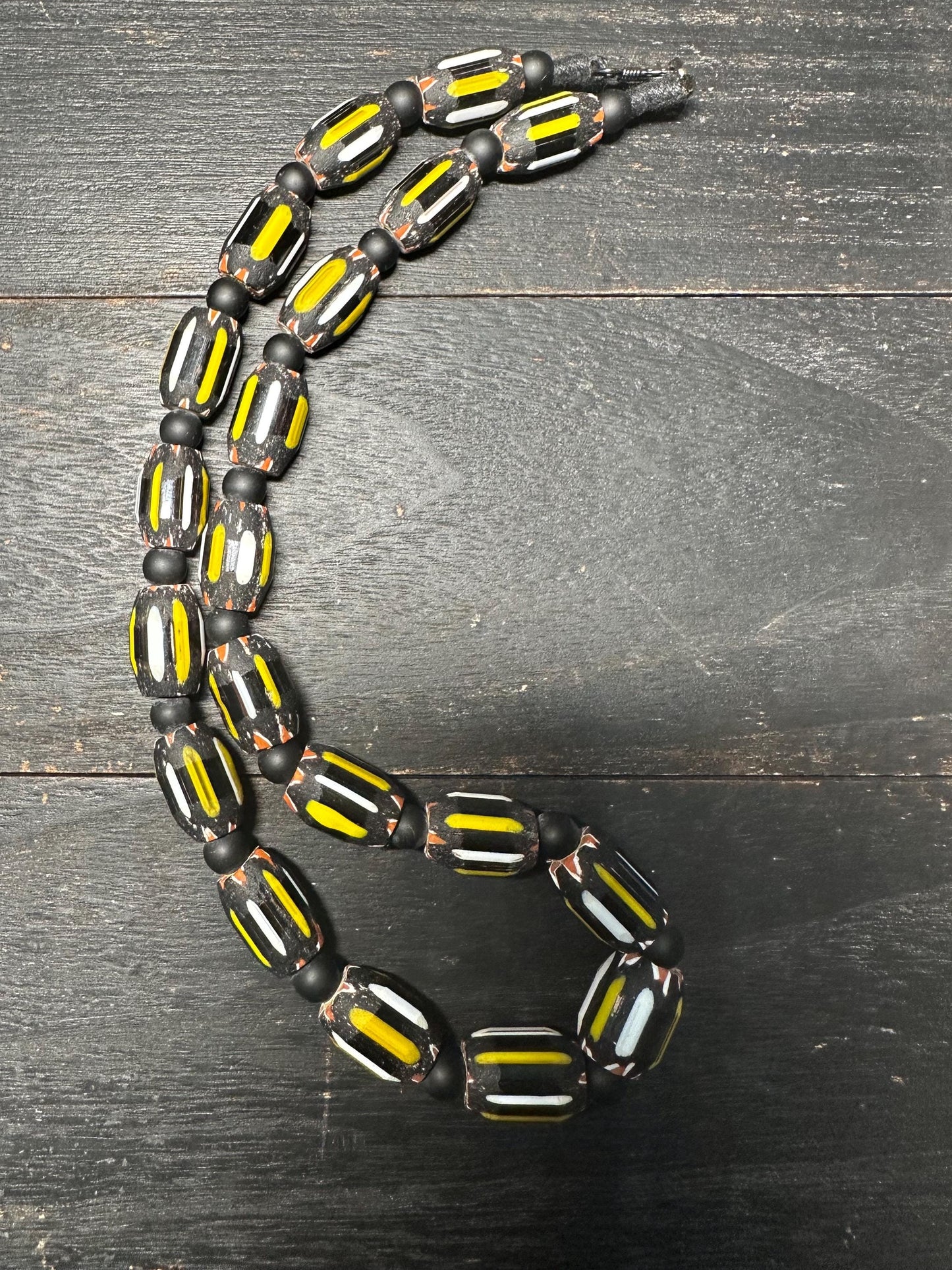 Handmade Nepal Chevron Beads Necklace: Black, Yellow, White African Trade Style
