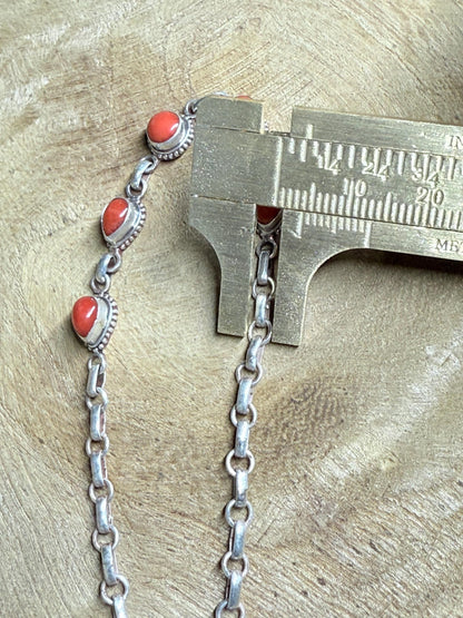 Antique Red Coral Bracelet: Sterling Silver Chain, Handmade Boho Jewelry
