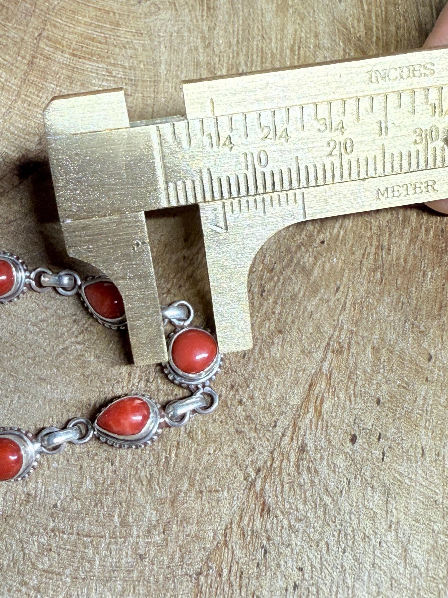 Antique Red Coral Bracelet: Sterling Silver Chain, Handmade Boho Jewelry