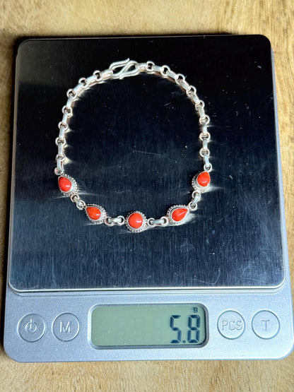 Antique Red Coral Bracelet: Sterling Silver Chain, Handmade Boho Jewelry