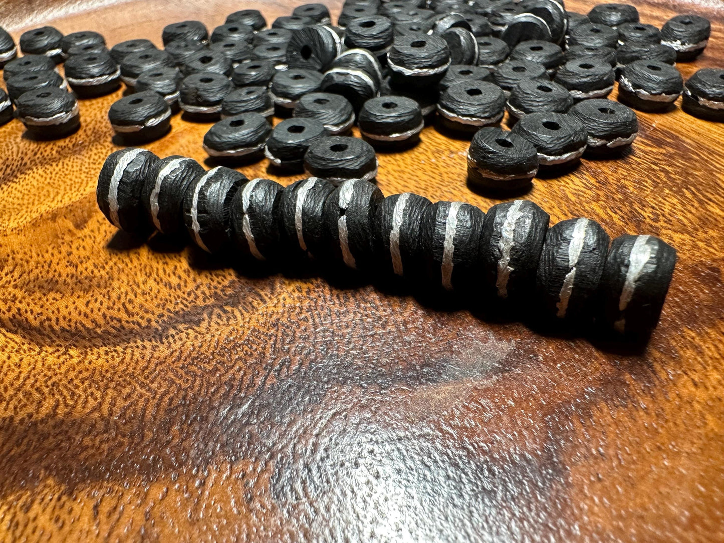 Ebony Wood Beads with Metal Inlay  Handmade Loose Spacer Beads for Jewelry Making