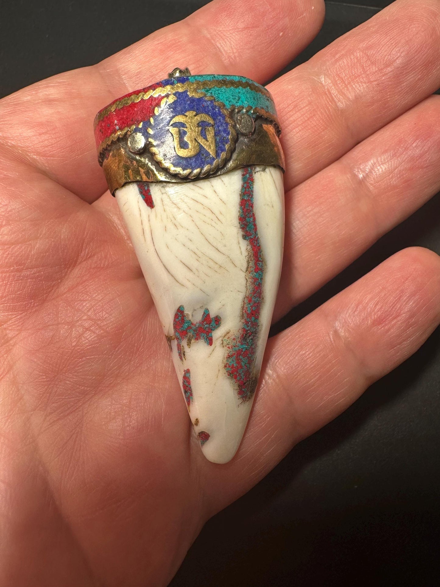 Tibetan Om Amulet Pendant: Brass, Turquoise & Coral Inlay - Handmade Nepal