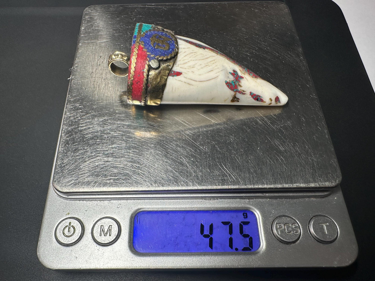 Tibetan Om Amulet Pendant: Brass, Turquoise & Coral Inlay - Handmade Nepal