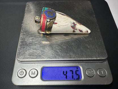 Tibetan Om Amulet Pendant: Brass, Turquoise & Coral Inlay - Handmade Nepal