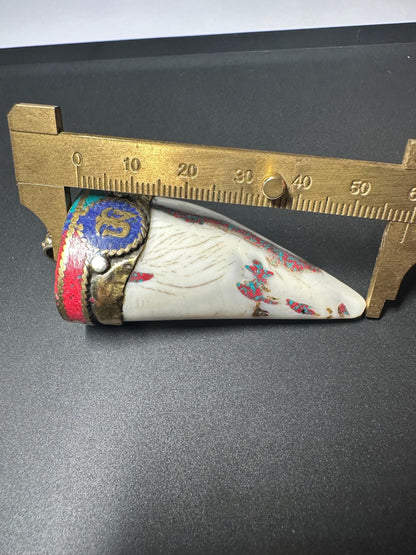 Tibetan Om Amulet Pendant: Brass, Turquoise & Coral Inlay - Handmade Nepal