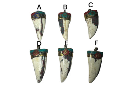 Tibetan Om Amulet Pendant: Brass, Turquoise & Coral Inlay - Handmade Nepal