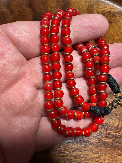Antique Venetian White Heart Trade Beads: Red Glass, Brass Spacers, Nepalese Tribal Jewelry