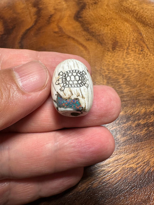 Inlaid Naga Conch Shell Bead: Hand-Engraved Turtle, Turquoise & Coral