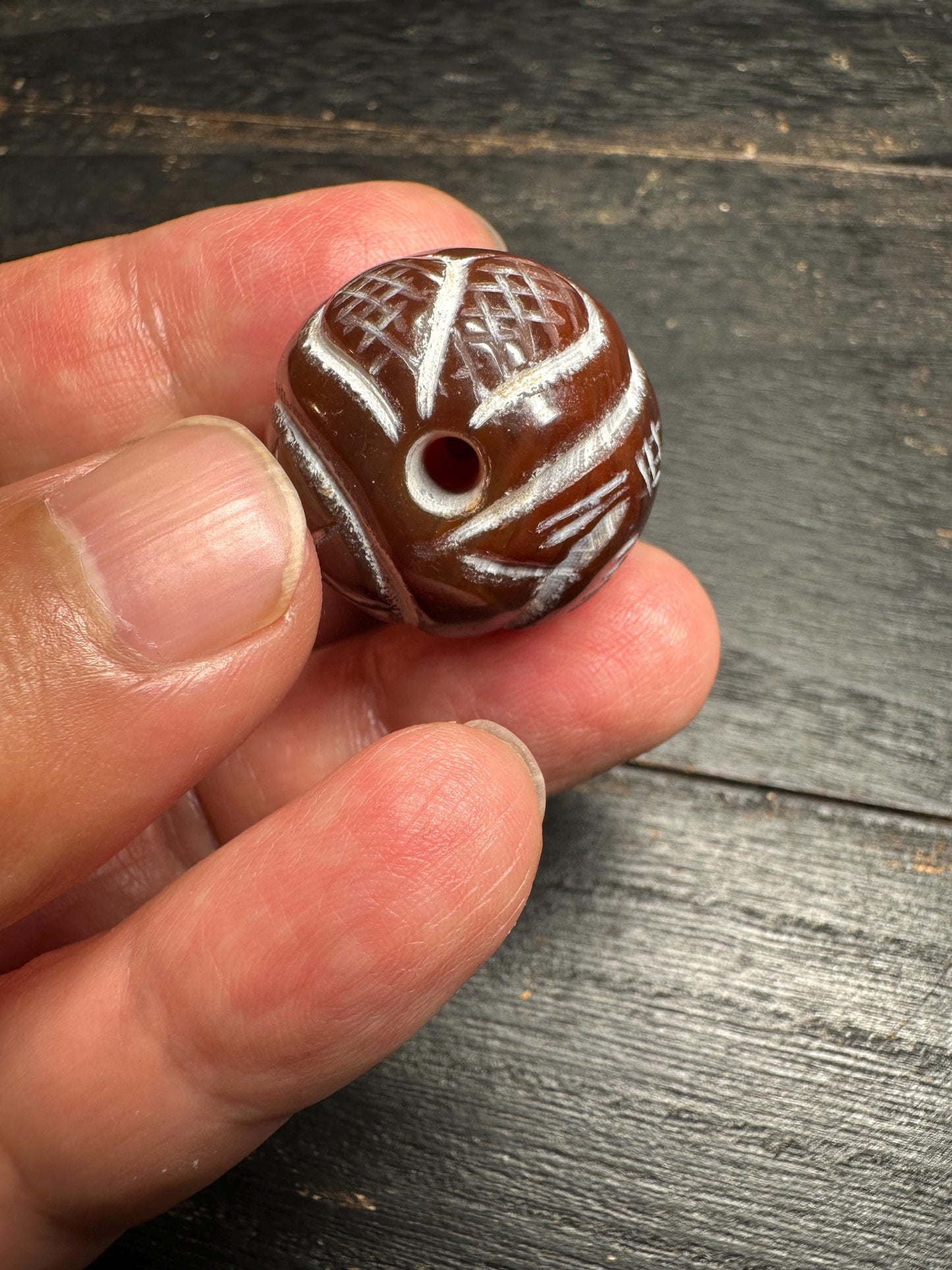 Hand Carved Brown Agate Bead: Tribal Pattern, Nepal Origin