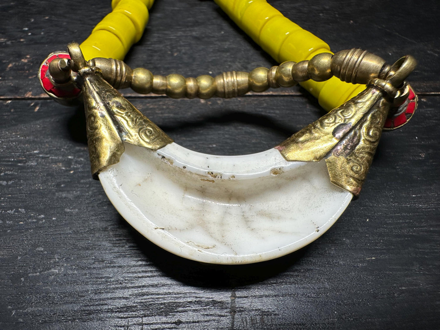 Tibetan Brass Sea Shell Necklace: Turquoise Inlay Boho Amulet