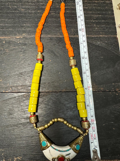 Tibetan Brass Sea Shell Necklace: Turquoise Inlay Boho Amulet