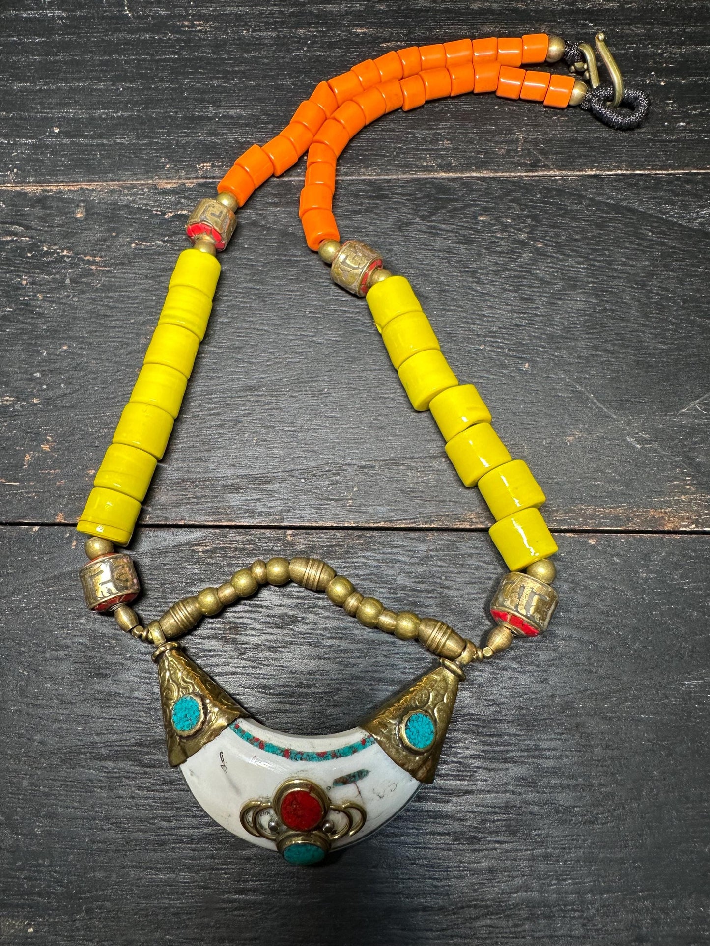 Tibetan Brass Sea Shell Necklace: Turquoise Inlay Boho Amulet