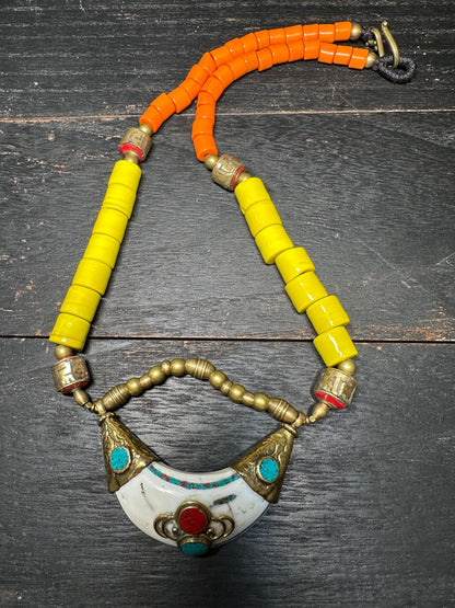 Tibetan Brass Sea Shell Necklace: Turquoise Inlay Boho Amulet