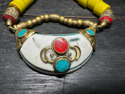 Tibetan Brass Sea Shell Necklace: Turquoise Inlay Boho Amulet