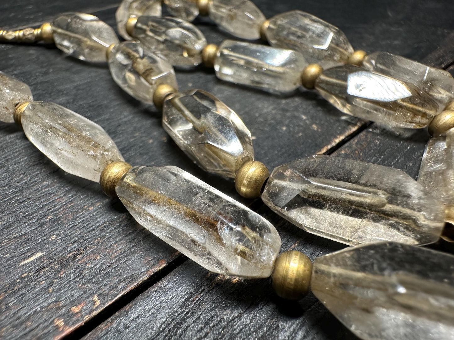 Antique Southeast Asian Crystal Beads Necklace | Likely Burmese Old Rock Crystal & Brass Tribal Jewelry | Rare Hand Cut Beads Collectible