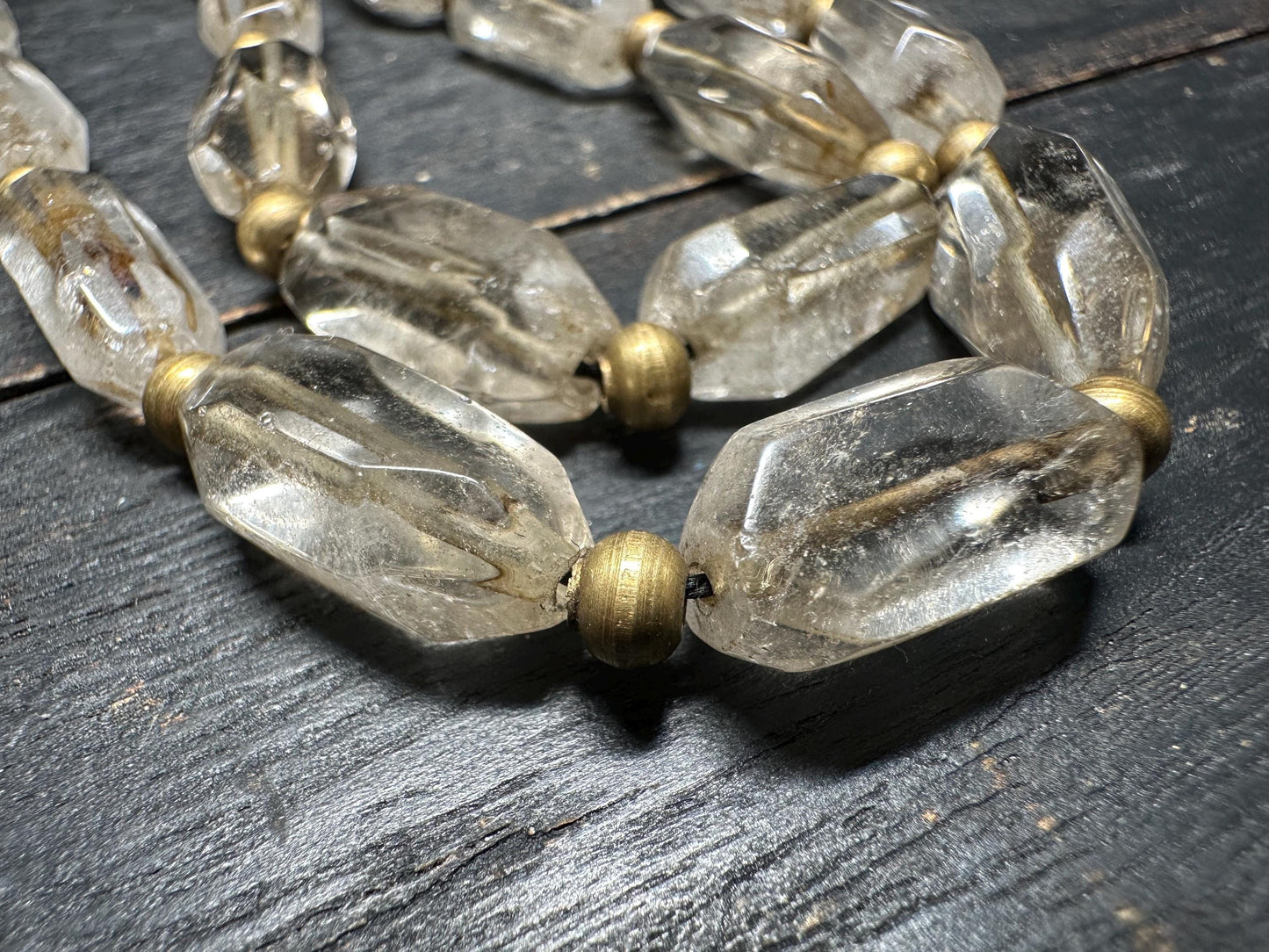 Antique Southeast Asian Crystal Beads Necklace | Likely Burmese Old Rock Crystal & Brass Tribal Jewelry | Rare Hand Cut Beads Collectible