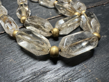 Antique Southeast Asian Crystal Beads Necklace | Likely Burmese Old Rock Crystal & Brass Tribal Jewelry | Rare Hand Cut Beads Collectible