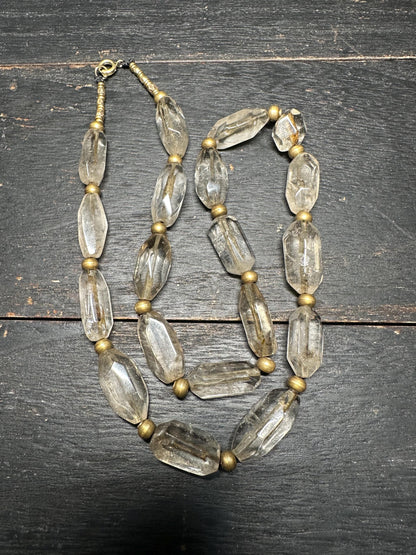 Antique Southeast Asian Crystal Beads Necklace | Likely Burmese Old Rock Crystal & Brass Tribal Jewelry | Rare Hand Cut Beads Collectible