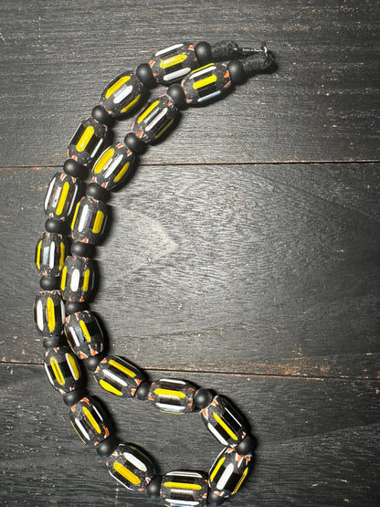 Handmade Nepal Chevron Beads Necklace: Black, Yellow, White African Trade Style