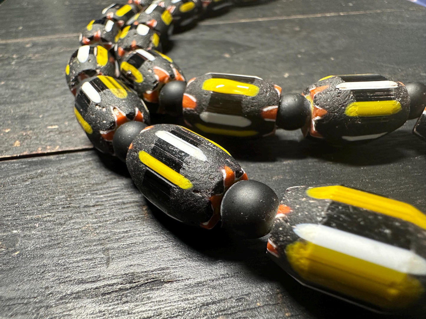 Handmade Nepal Chevron Beads Necklace: Black, Yellow, White African Trade Style