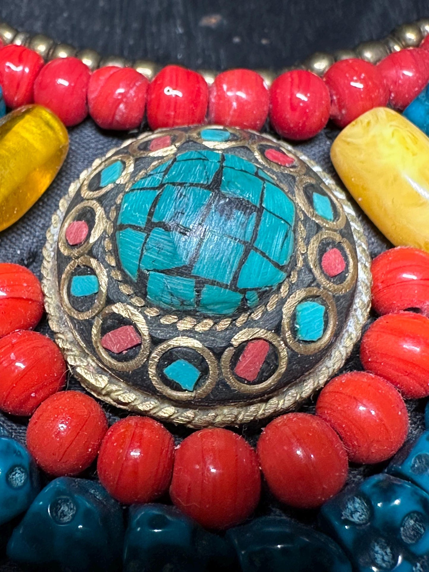 Handmade Tibetan Necklace: Boho Ethnic Jewelry with Turquoise, Coral & Amber Resin
