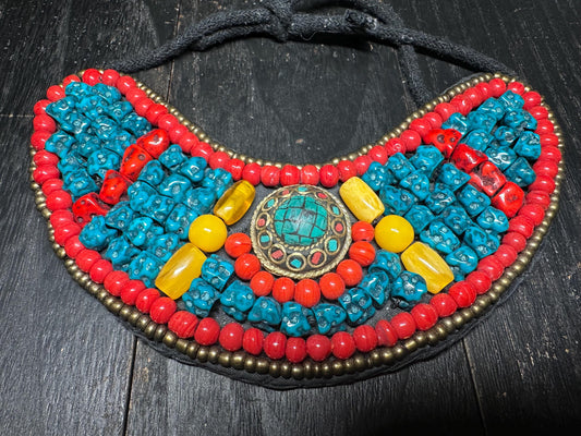 Handmade Tibetan Necklace: Boho Ethnic Jewelry with Turquoise, Coral & Amber Resin