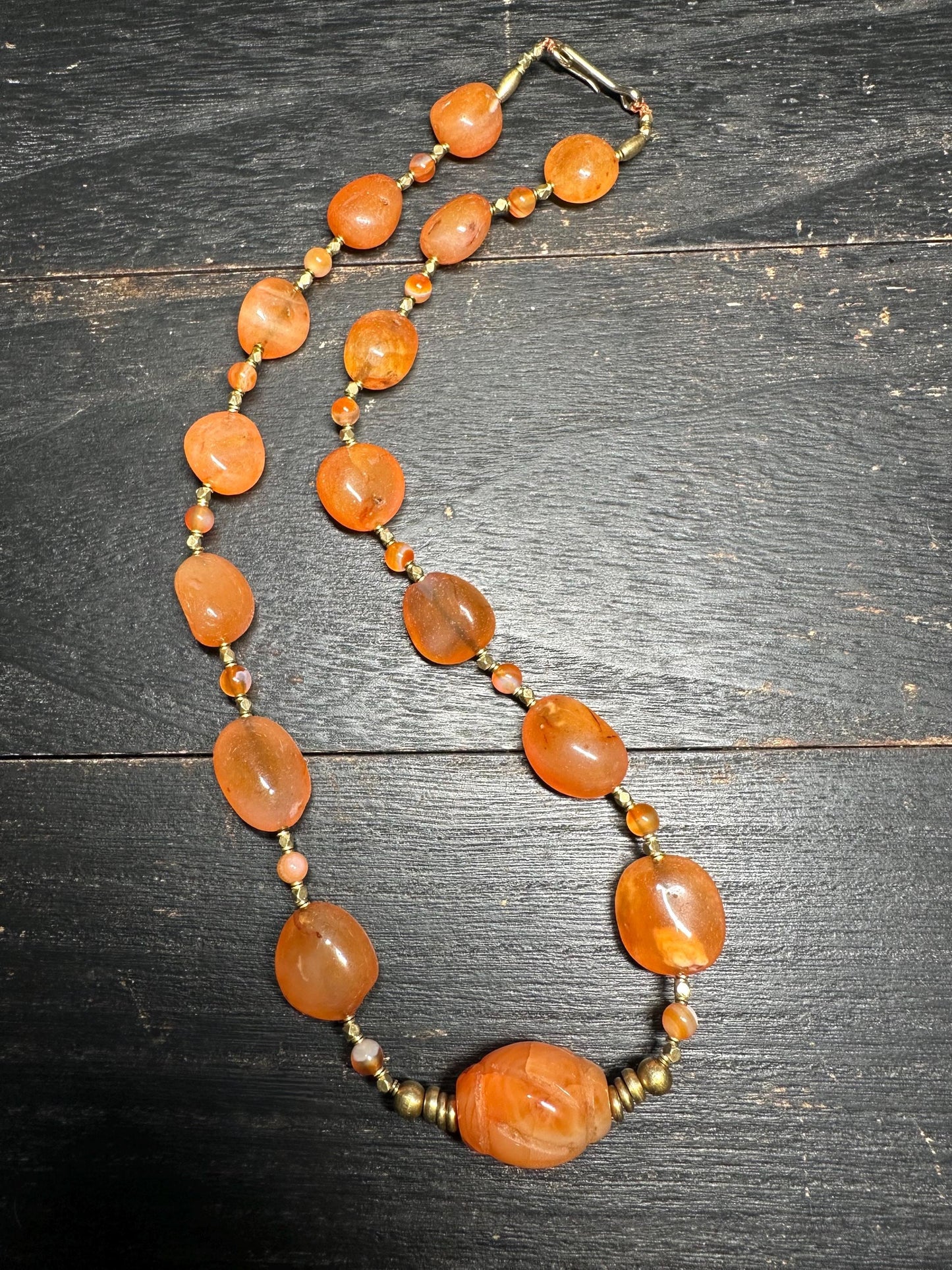 Handmade Nepal Carnelian Bead Necklace  Natural Orange Gemstone Tribal Jewelry with Brass Spacers
