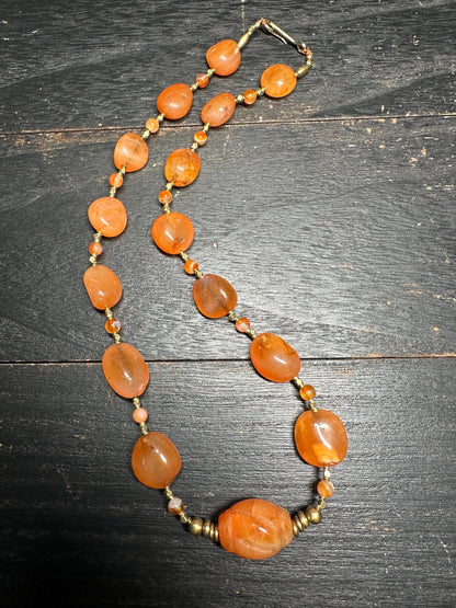 Handmade Nepal Carnelian Bead Necklace  Natural Orange Gemstone Tribal Jewelry with Brass Spacers