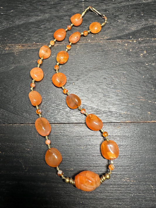 Handmade Nepal Carnelian Bead Necklace  Natural Orange Gemstone Tribal Jewelry with Brass Spacers