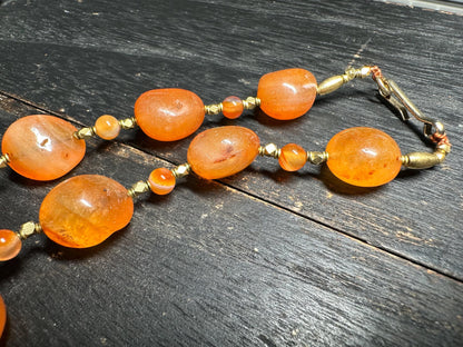 Handmade Nepal Carnelian Bead Necklace  Natural Orange Gemstone Tribal Jewelry with Brass Spacers