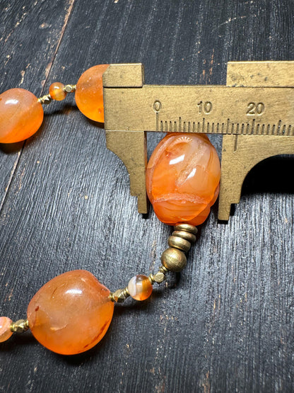 Handmade Nepal Carnelian Bead Necklace  Natural Orange Gemstone Tribal Jewelry with Brass Spacers
